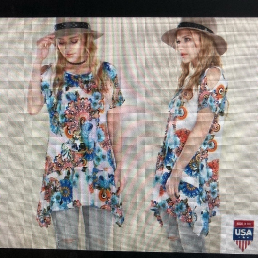 Soft Boho Print Cold Shoulder Tunic Ruffle…
